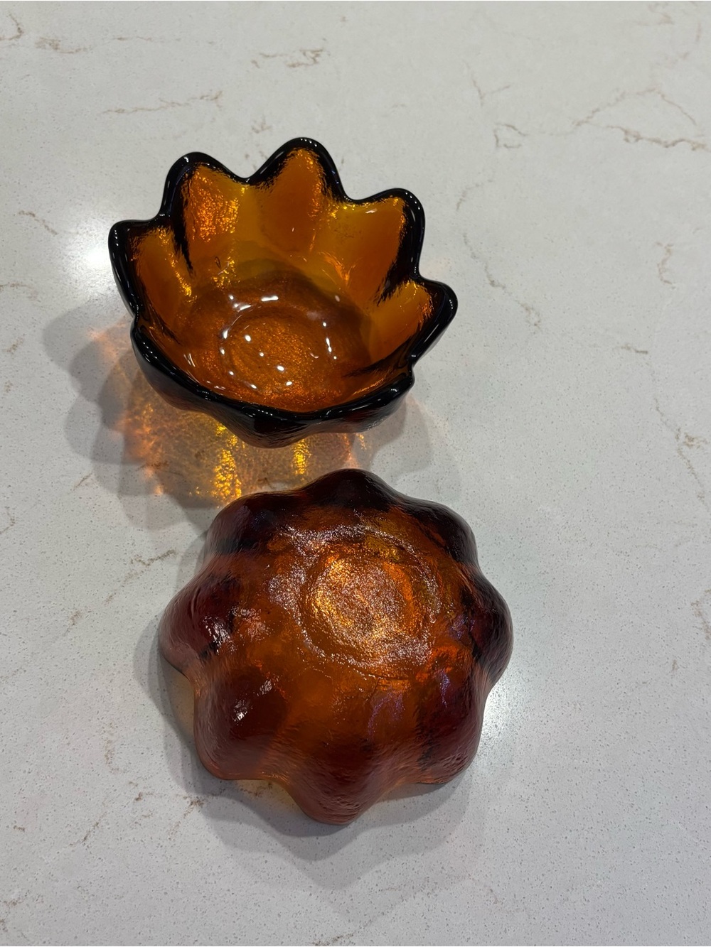 Vintage Blenko Amber Glass Lotus Bowls - Set of 2 (Willing to Separate) - Picture 4 of 7